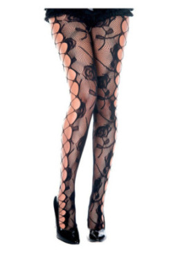 Collant fantaise noir résille et ajouré façon filet et fleurs - MH50021BLK